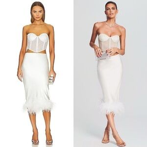 NWT RETROFETE Ivory Satin Genuine Ostrich Feather Trim Hem Midi Pencil Skirt XS